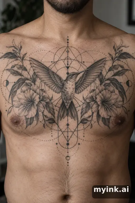 Hummingbird with flowers β Geometric Masculine Tattoo reference image