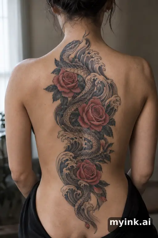 Snake winding through roses — Japanese Tattoo for Women reference image