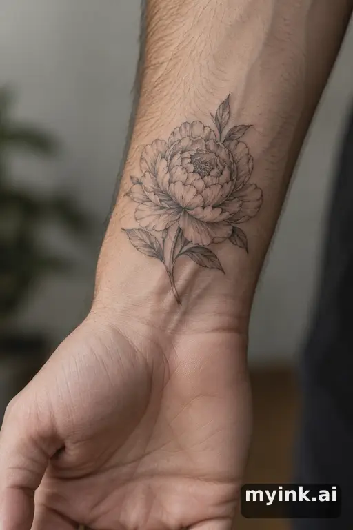 Blooming peony — Fine Line Tattoo reference image
