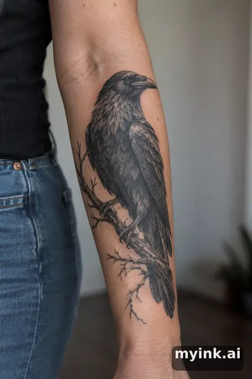Raven perched on a branch — Realistic Forearm Tattoo reference image