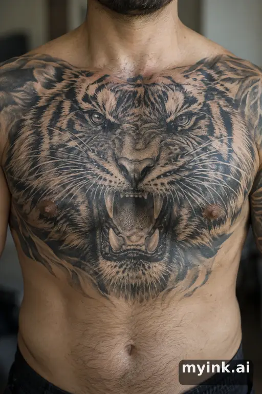 Roaring tiger β Realistic Chest Tattoo reference image