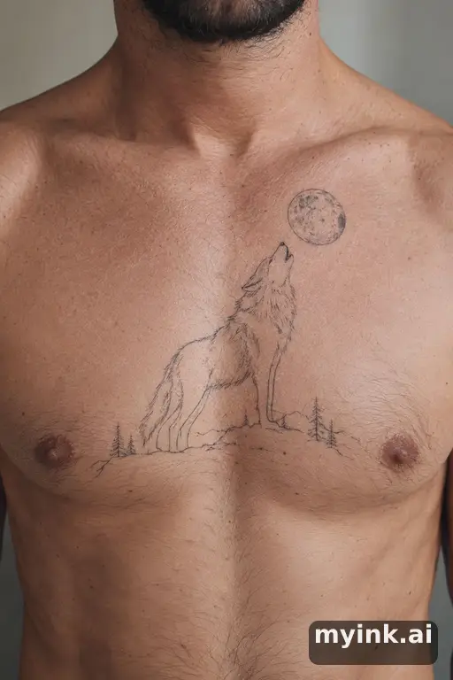 Wolf howling at the moon β Minimalist Chest Tattoo reference image