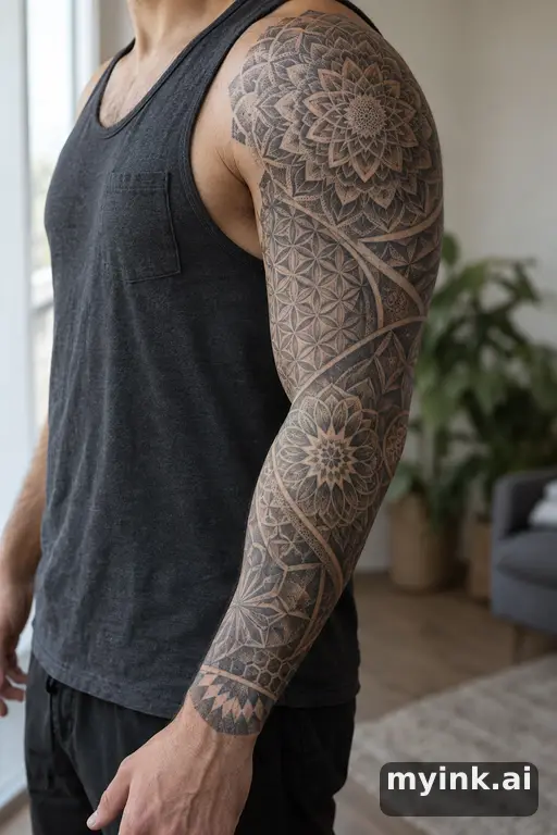 Sacred geometry mandala — Dotwork Sleeve Tattoo reference image
