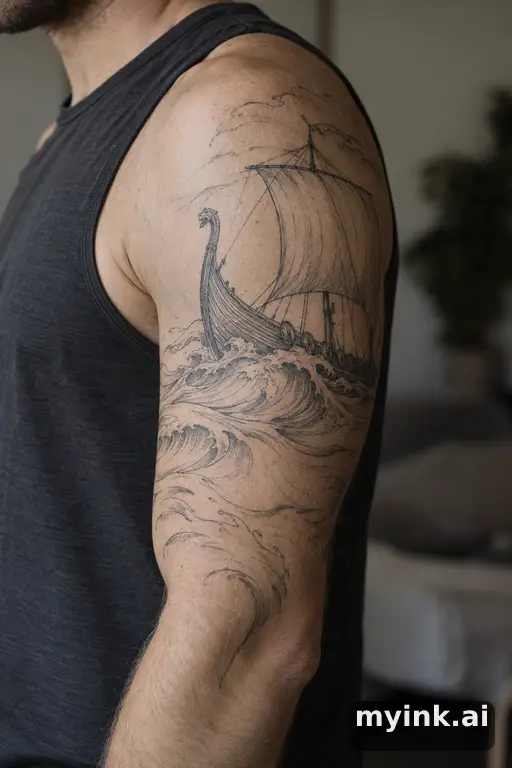 Viking longship on stormy seas β Minimalist Half Sleeve Tattoo reference image