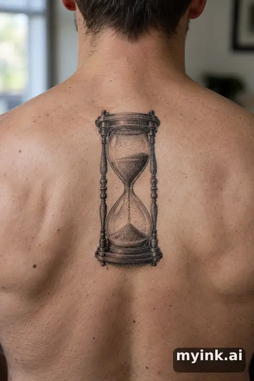 Hourglass with sand running β Dotwork Back Tattoo reference image