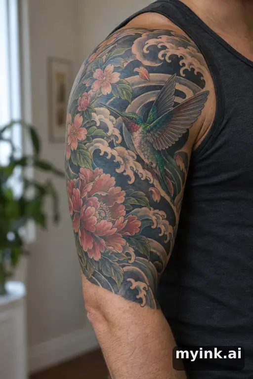 Hummingbird with flowers β Japanese Half Sleeve Tattoo reference image