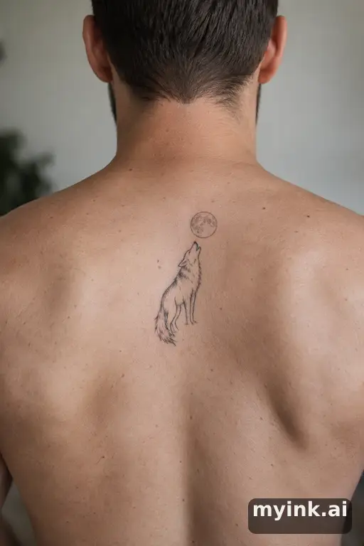 Wolf howling at the moon β Minimalist Back Tattoo reference image