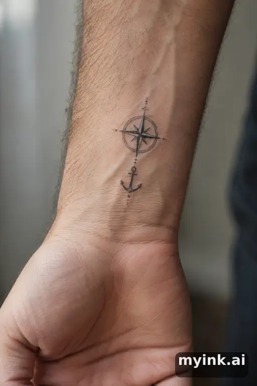 Compass with an anchor β Minimalist Compass Tattoo reference image
