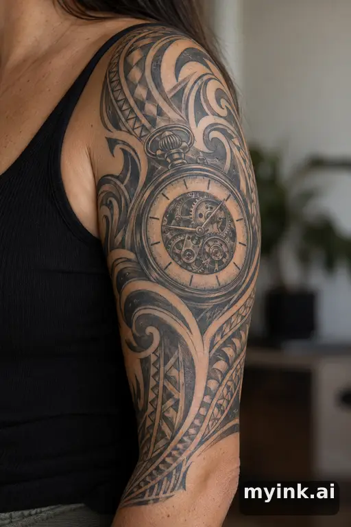 Pocket watch with exposed gears — Tribal Half Sleeve Tattoo reference image