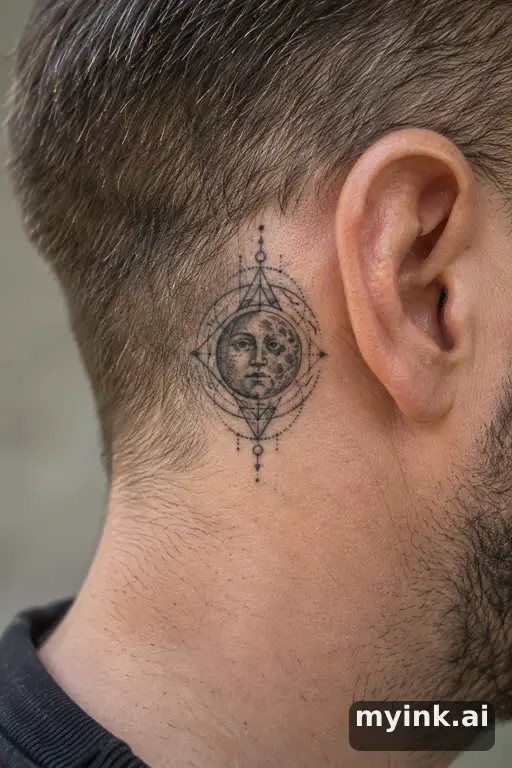Moon with a face — Geometric Moon Tattoo reference image