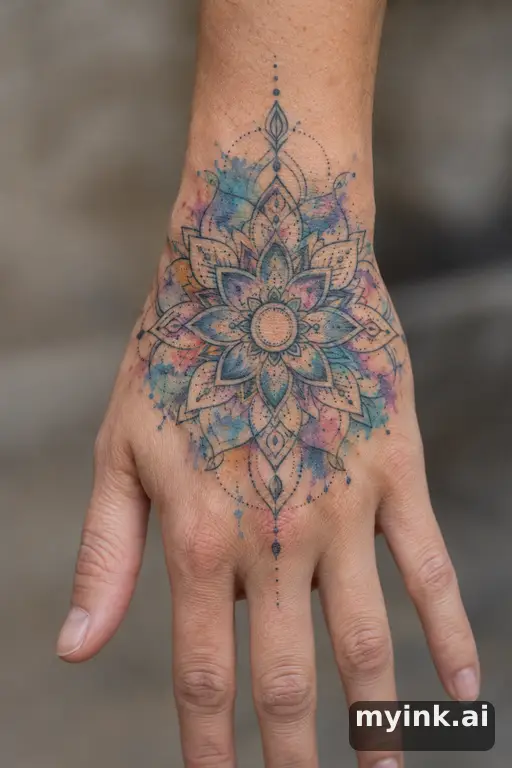 Sacred geometry mandala — Watercolor Hand Tattoo reference image