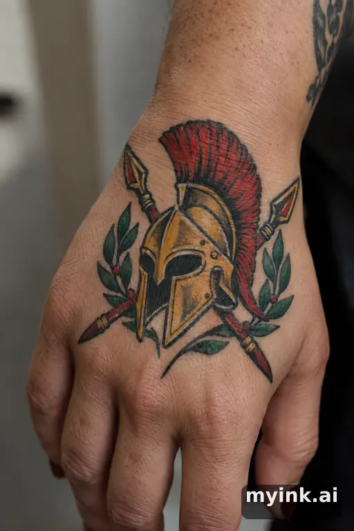 Spartan helmet with crossed spears — Traditional Hand Tattoo reference image