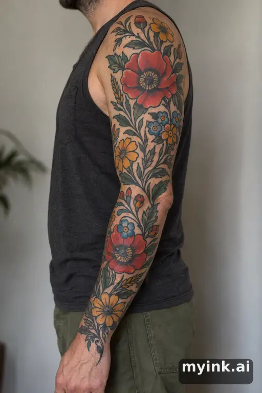 Botanical bouquet of wildflowers — Traditional Sleeve Tattoo reference image