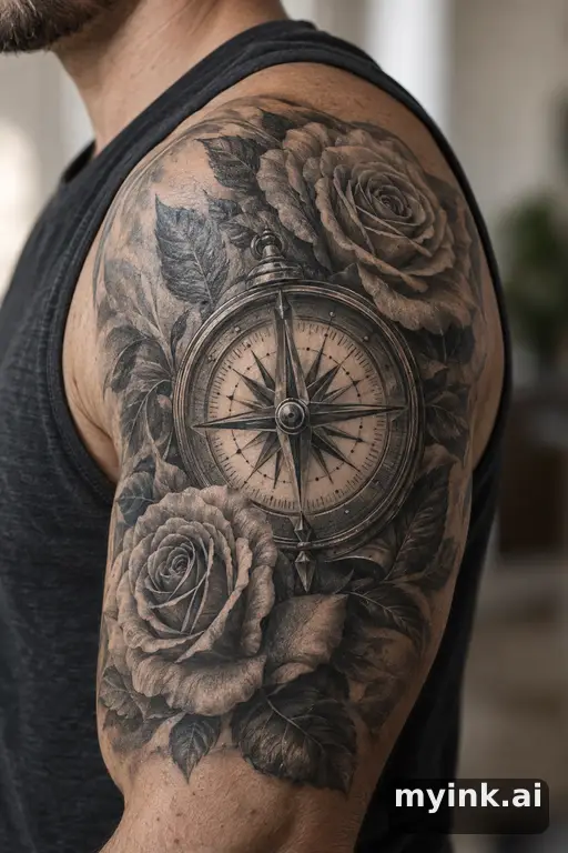 Compass with roses β Realistic Compass Tattoo reference image