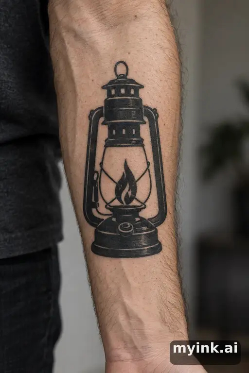 Lantern with a small flame — Blackwork Memorial Tattoo reference image
