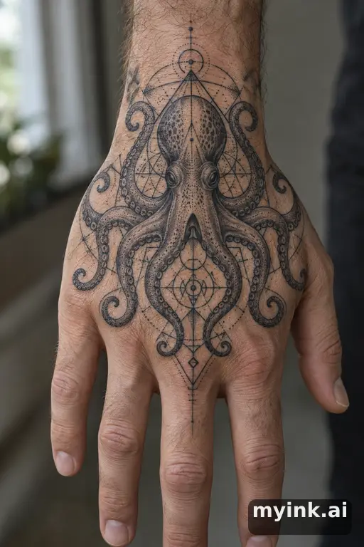 Octopus with curling tentacles — Geometric Hand Tattoo reference image