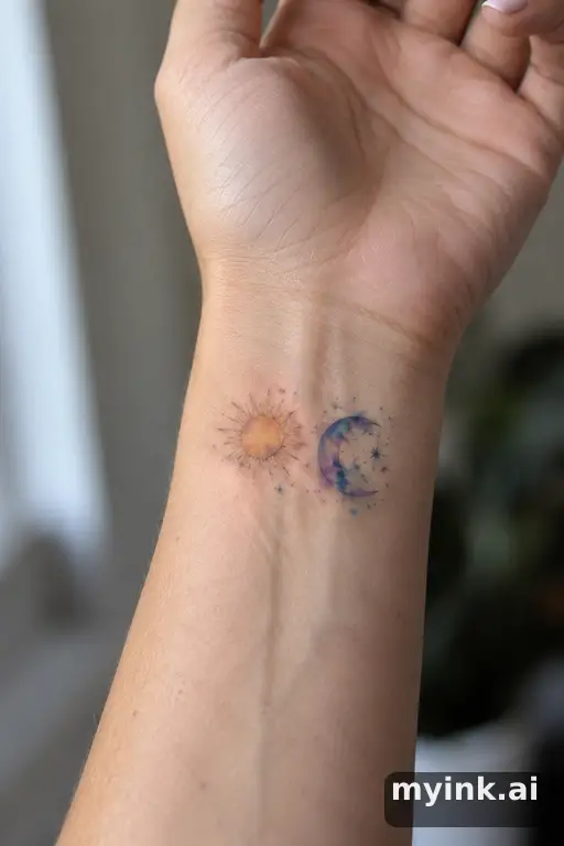 Sun and moon pair — Watercolor Wrist Tattoo reference image