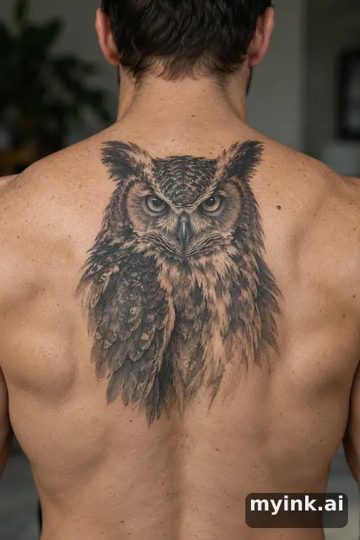 Great horned owl β Realistic Back Tattoo reference image