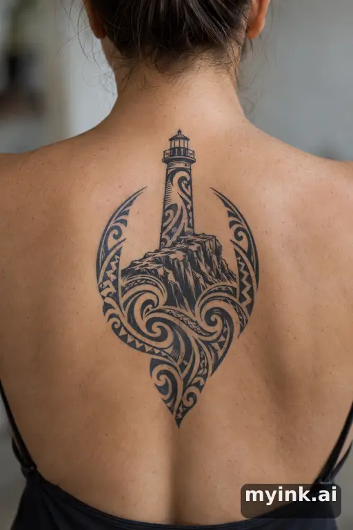 Lighthouse on a rocky cliff β Tribal Back Tattoo reference image