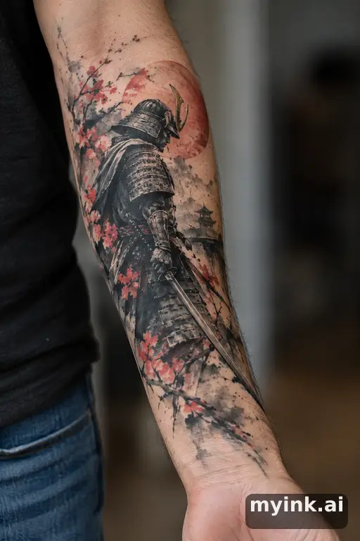 Samurai warrior with a katana — Watercolor Forearm Tattoo reference image