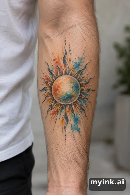 Sun with ornamental rays — Watercolor Forearm Tattoo reference image