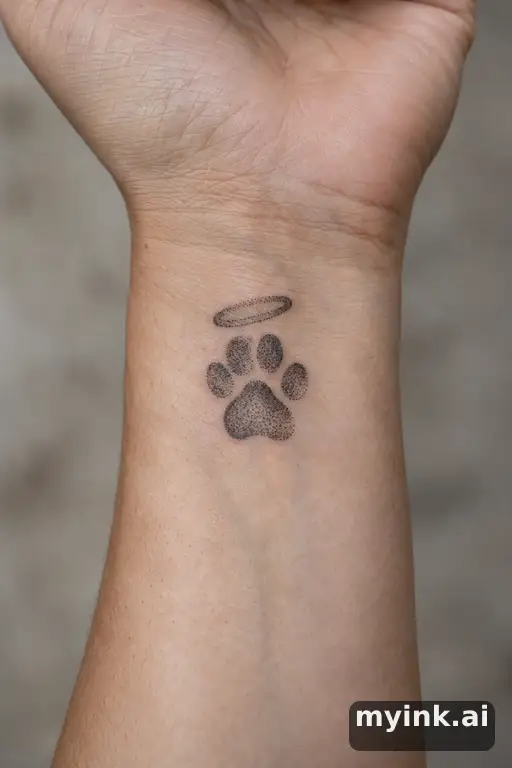 Paw print with a halo — Dotwork Memorial Tattoo reference image