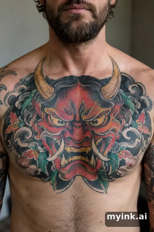 Oni demon mask — Traditional Chest Tattoo reference image