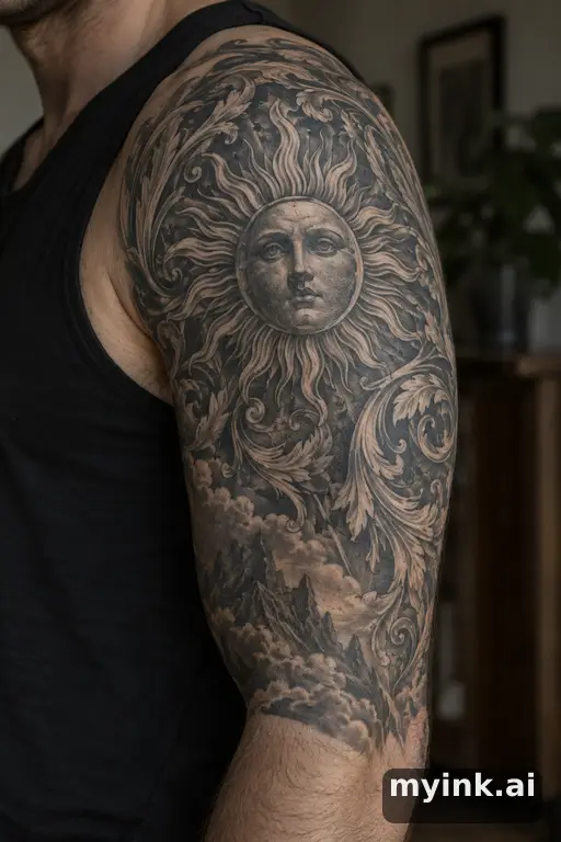 Sun with ornamental rays β Realistic Masculine Tattoo reference image