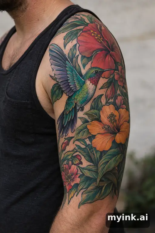 Hummingbird with flowers β Neo-Traditional Half Sleeve Tattoo reference image