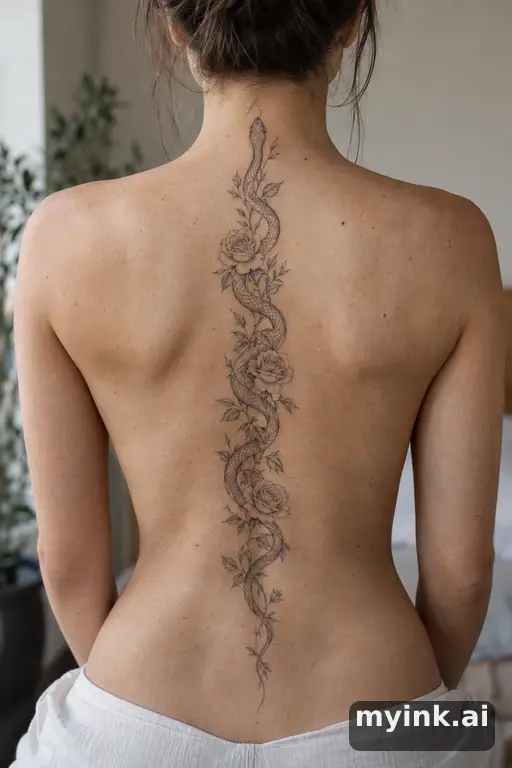 Snake winding through roses — Fine Line Tattoo for Women reference image
