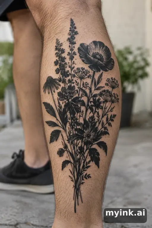 Botanical bouquet of wildflowers β Blackwork Masculine Tattoo reference image