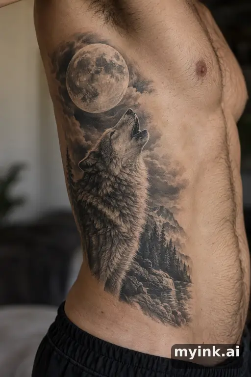 Wolf howling at the moon — Realistic Rib Tattoo reference image