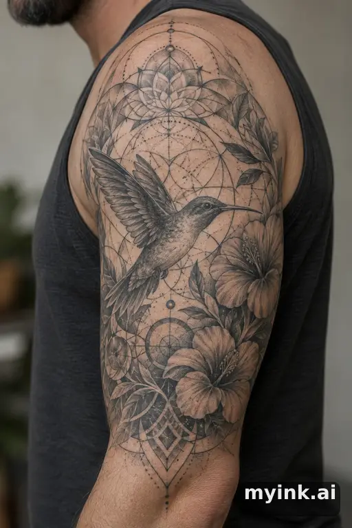 Hummingbird with flowers β Geometric Half Sleeve Tattoo reference image
