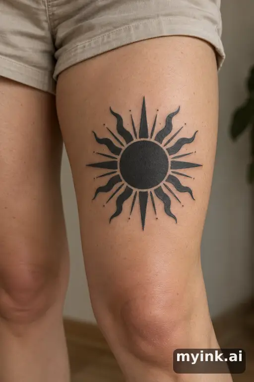 Sun with ornamental rays β Blackwork Thigh Tattoo reference image