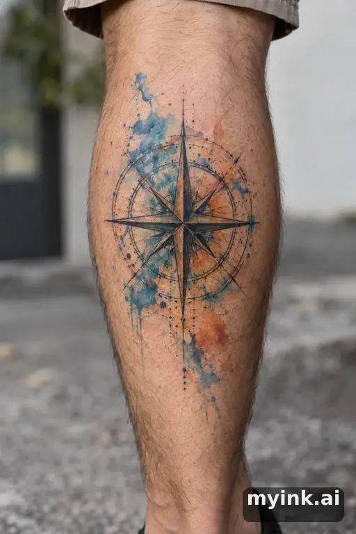 Compass rose β Watercolor Leg Tattoo reference image