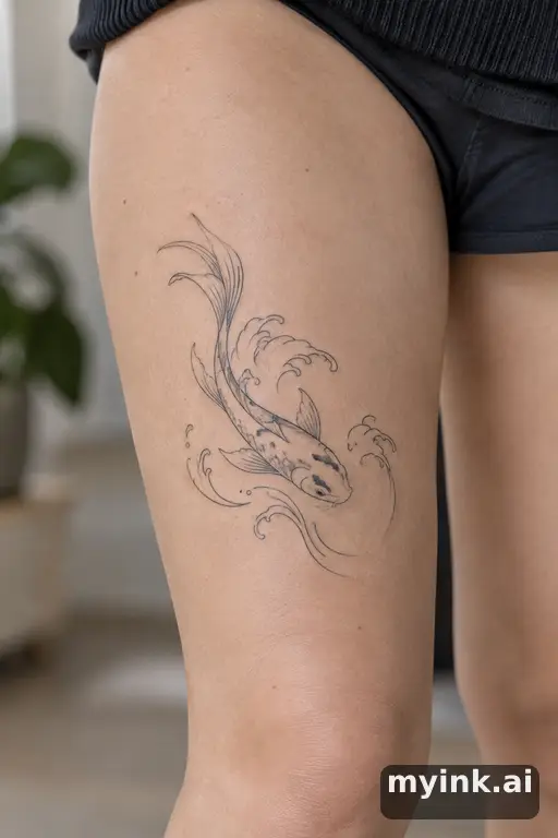 Koi fish in waves β Minimalist Thigh Tattoo reference image