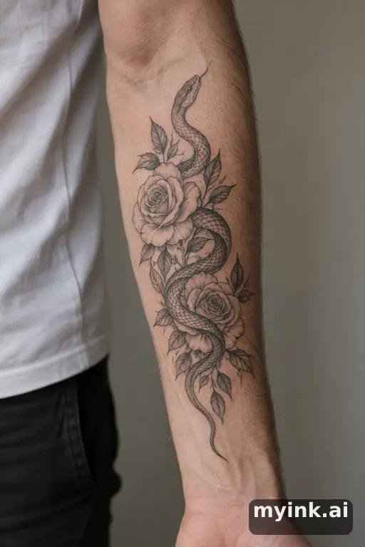 Snake winding through roses — Fine Line Tattoo reference image