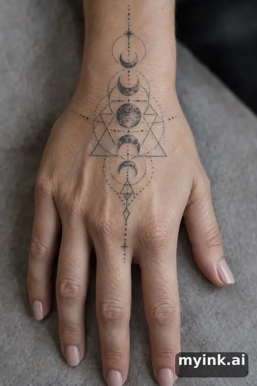 Crescent moon phases — Geometric Hand Tattoo reference image