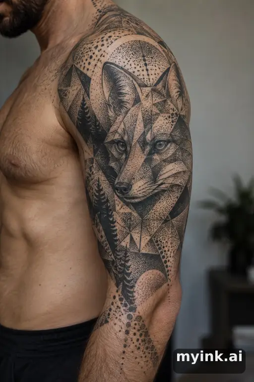 Geometric fox β Dotwork Half Sleeve Tattoo reference image