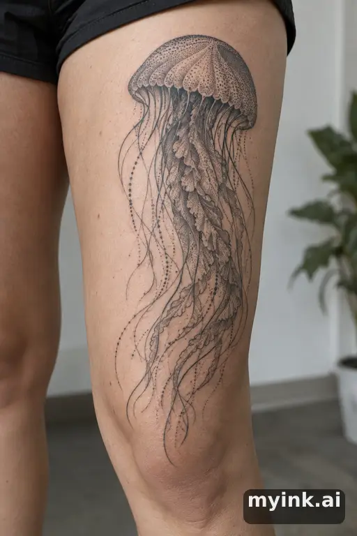Jellyfish β Dotwork Thigh Tattoo reference image