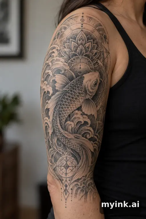 Koi fish in waves β Geometric Half Sleeve Tattoo reference image