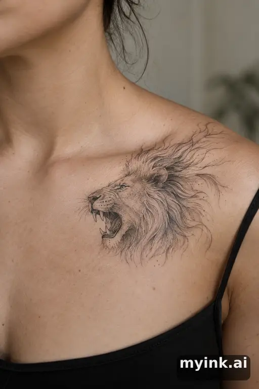 Roaring lion head — Fine Line Tattoo for Women reference image