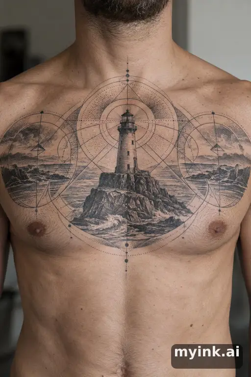 Lighthouse on a rocky cliff β Geometric Chest Tattoo reference image