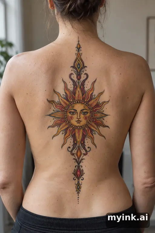 Sun with ornamental rays — Neo-Traditional Tattoo for Women reference image