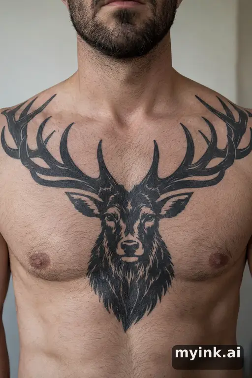Stag head with large antlers β Blackwork Chest Tattoo reference image