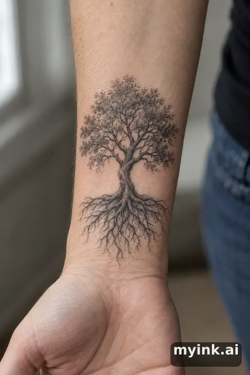 Tree with deep roots — Dotwork Memorial Tattoo reference image