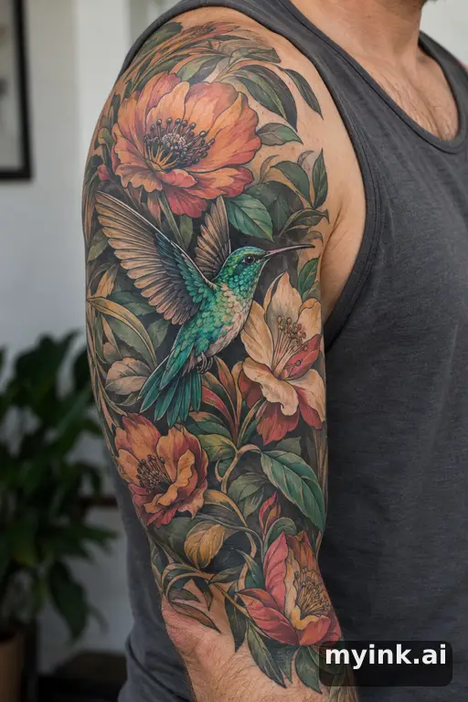 Hummingbird with flowers β Neo-Traditional Half Sleeve Tattoo reference image