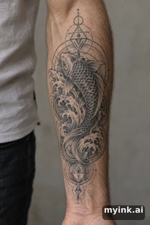 Koi fish in waves — Geometric Masculine Tattoo reference image