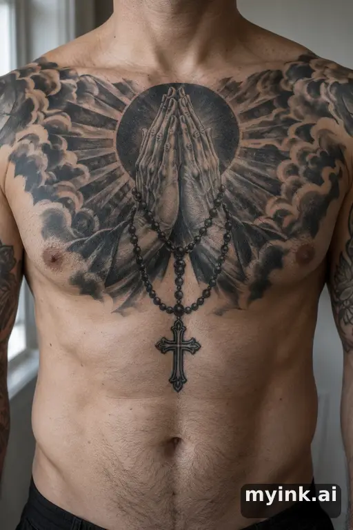 Praying hands holding a rosary cross β Blackwork Chest Tattoo reference image