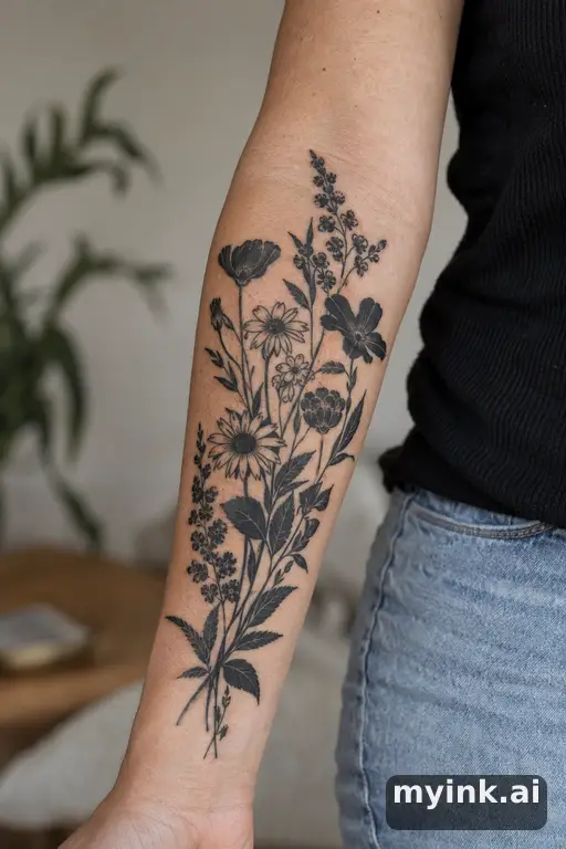 Botanical bouquet of wildflowers — Blackwork Forearm Tattoo reference image